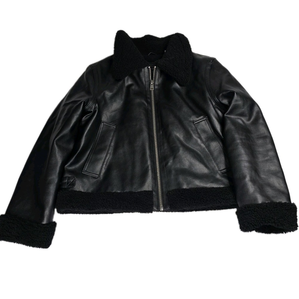 Levis Faux Leather Sherpa Aviator Bomber Jacket Women's L Black B-3 Flight Coat